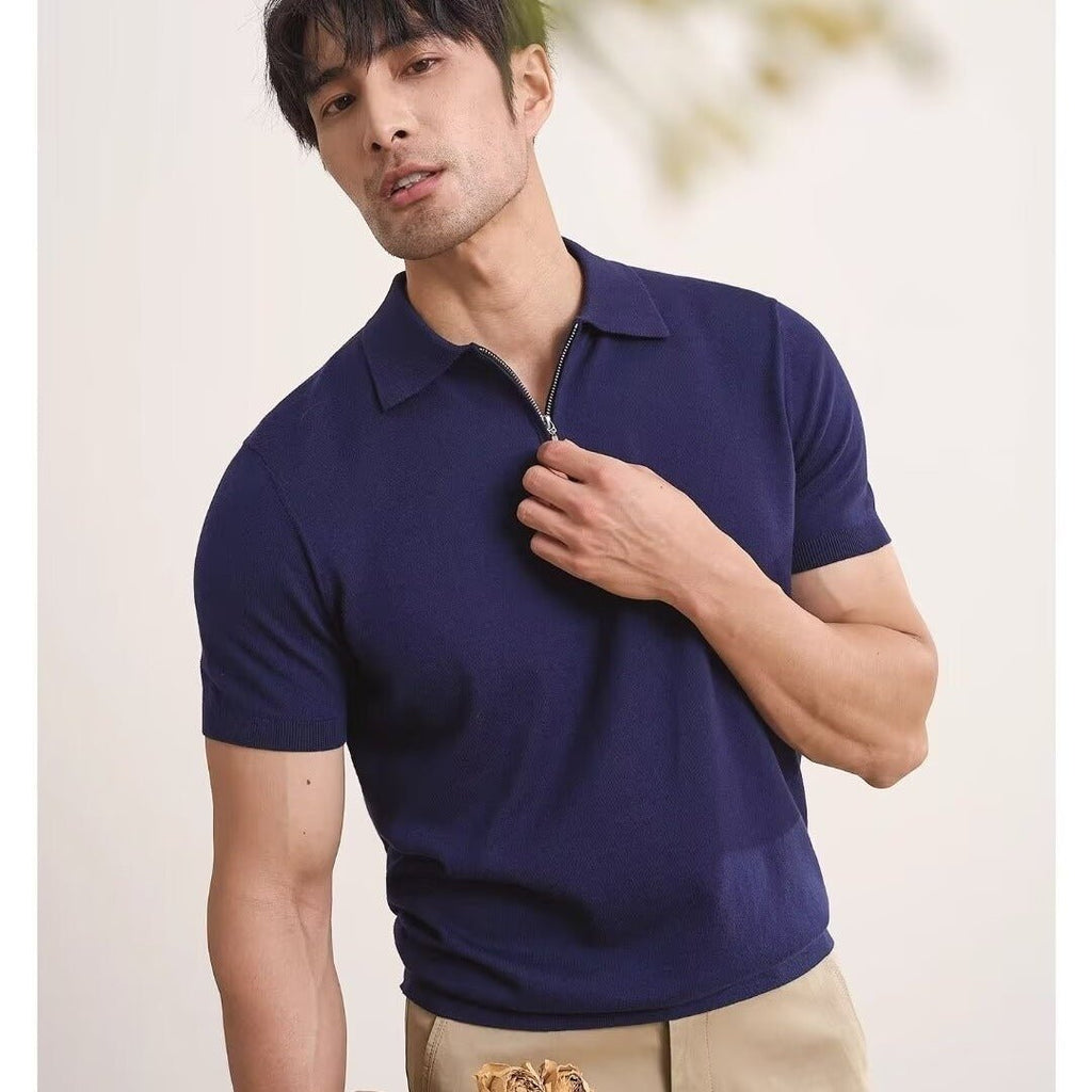Light Luxury Zipper Polo Shirt Lapel Short Sleeve Blue Light Luxury Zipper Polo Shirt Lapel Short Sleeve - shop_name
