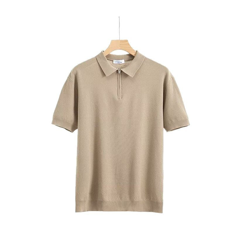 Light Luxury Zipper Polo Shirt Lapel Short Sleeve Blue Light Luxury Zipper Polo Shirt Lapel Short Sleeve - shop_name