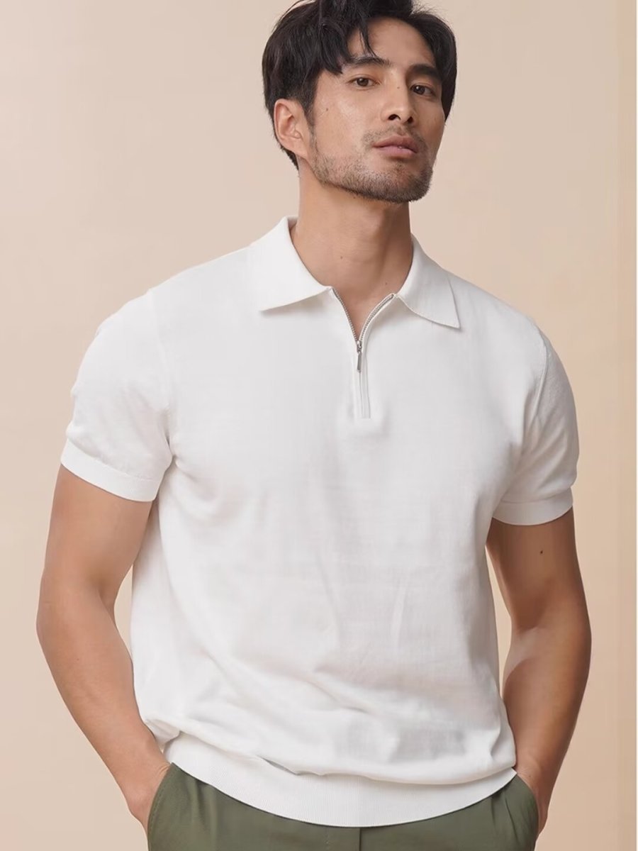 Light Luxury Zipper Polo Shirt Lapel Short Sleeve White Light Luxury Zipper Polo Shirt Lapel Short Sleeve - shop_name