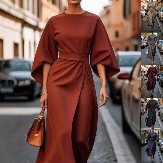 Loose Batwing Sleeve Dress Fashion Waist-tighted Solid Color Elegant Dresses For Women Clothing - Update Avenue 
