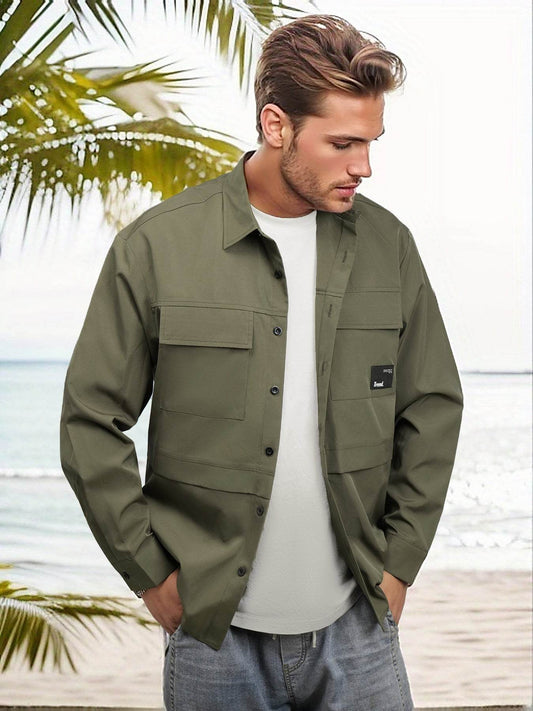 Men's Casual Beige Cargo Shirt with Dual Pockets - Long Sleeve, Button-Up, Loose Fit Polyester - Machine Washable for Fall/Winter - Update Avenue 