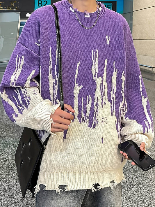 Men's Loose Color Block Knitted Sweater, Street Style Long Sleeve Crew Neck Top For Winter Fall - Update Avenue 