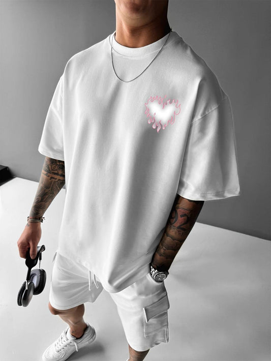 Men's Streetwear T-Shirt with Heart and Flame Print, Loose Fit, Drop Shoulder, Short Sleeve, Round Neck, Polyester - Machine Washable - Update Avenue 