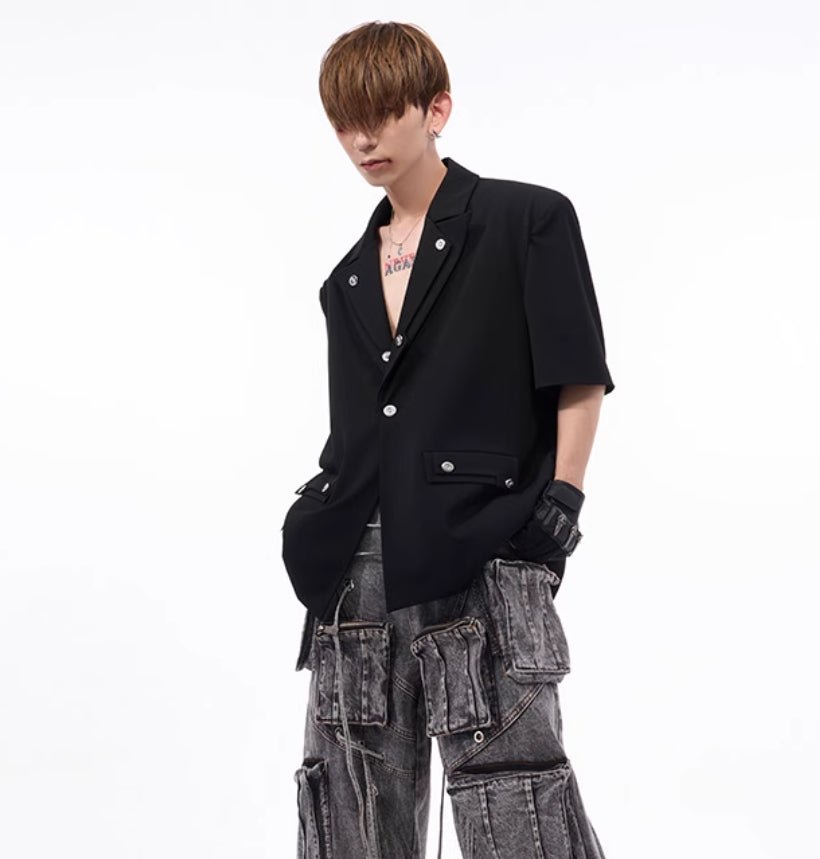 Men's Summer Silhouette Shoulder Padded Short Sleeved Jacket Black Men's Summer Silhouette Shoulder Padded Short Sleeved Jacket - shop_name