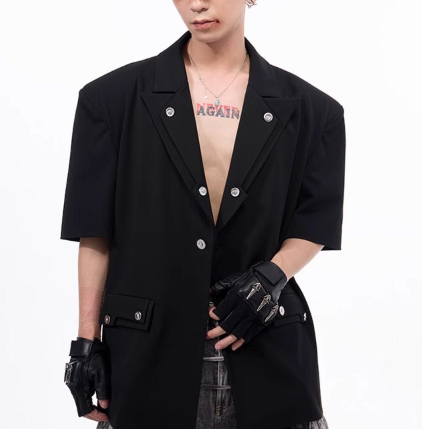 Men's Summer Silhouette Shoulder Padded Short Sleeved Jacket Black Men's Summer Silhouette Shoulder Padded Short Sleeved Jacket - shop_name