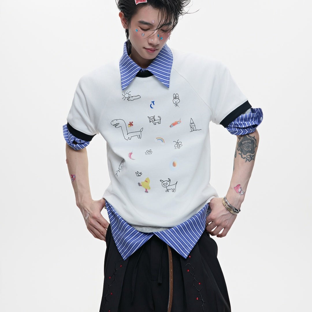 Men's Versatile Cartoon Printed Short Sleeved Shirt White Men's Versatile Cartoon Printed Short Sleeved Shirt - shop_name