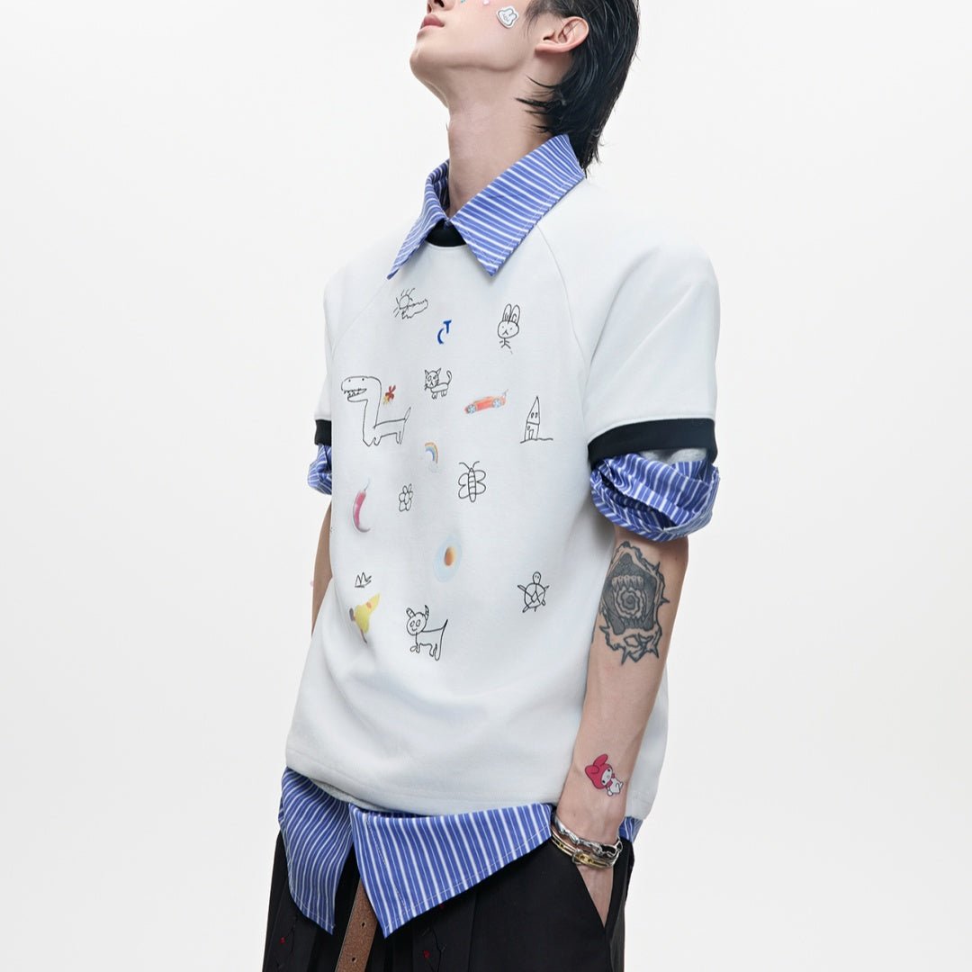 Men's Versatile Cartoon Printed Short Sleeved Shirt White Men's Versatile Cartoon Printed Short Sleeved Shirt - shop_name