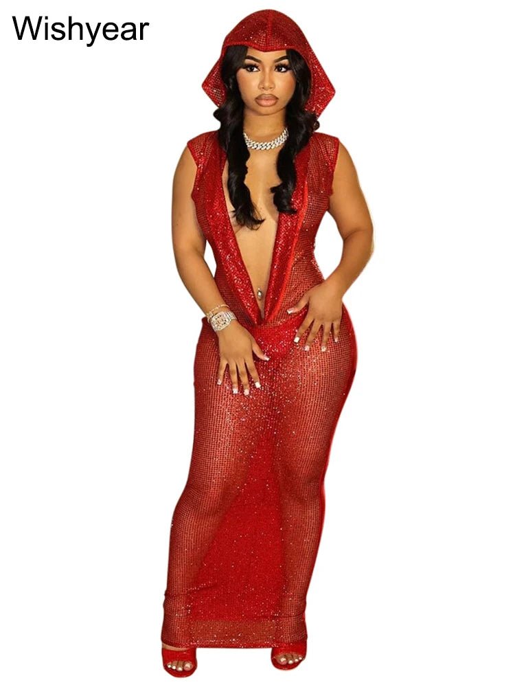 New Luxury Birthday Red Hooded Dress for Women Sexy Deep V Neck Sequins Glitter Mesh See Through Back Open Sparkly Evening Robe red dress New Luxury Birthday Red Hooded Dress for Women Sexy Deep V Neck Sequins Glitter Mesh See Through Back Open Sparkly Evening Robe - shop_name