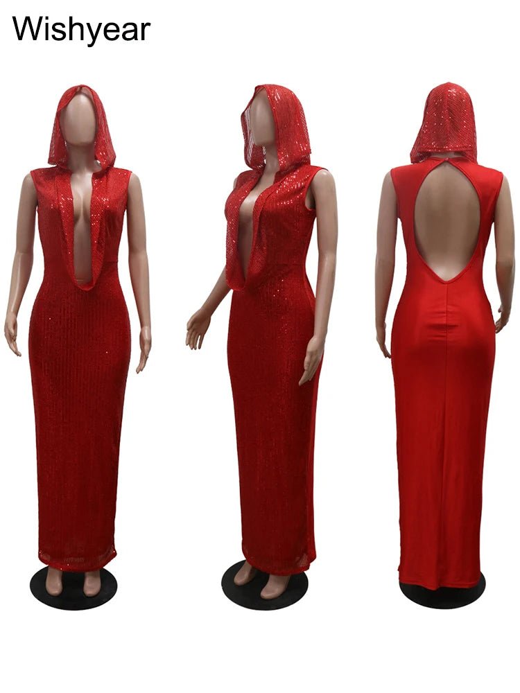 New Luxury Birthday Red Hooded Dress for Women Sexy Deep V Neck Sequins Glitter Mesh See Through Back Open Sparkly Evening Robe apricot dress New Luxury Birthday Red Hooded Dress for Women Sexy Deep V Neck Sequins Glitter Mesh See Through Back Open Sparkly Evening Robe - shop_name
