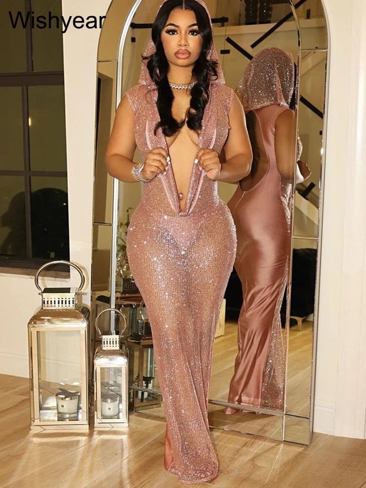 New Luxury Birthday Red Hooded Dress for Women Sexy Deep V Neck Sequins Glitter Mesh See Through Back Open Sparkly Evening Robe apricot dress New Luxury Birthday Red Hooded Dress for Women Sexy Deep V Neck Sequins Glitter Mesh See Through Back Open Sparkly Evening Robe - shop_name