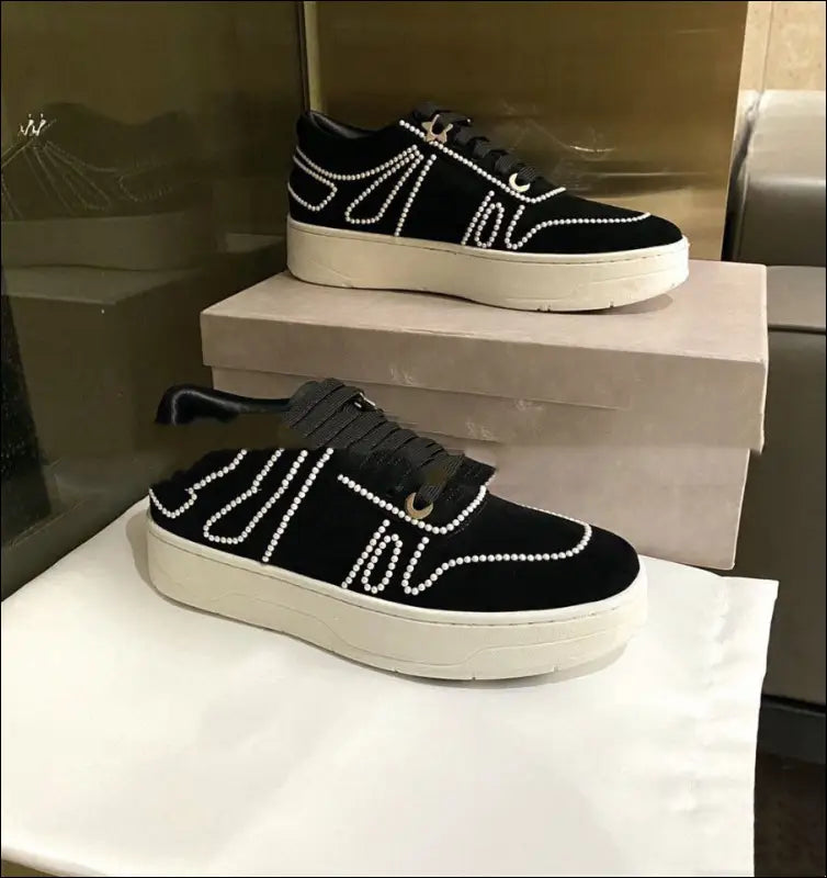 Pearl Sequin Lace-up Sports Casual Shoes Platform Casual White Shoes - Update Avenue 