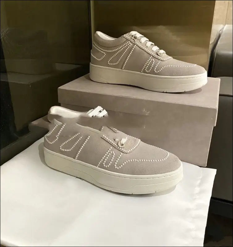 Pearl Sequin Lace-up Sports Casual Shoes Platform Casual White Shoes - Update Avenue 