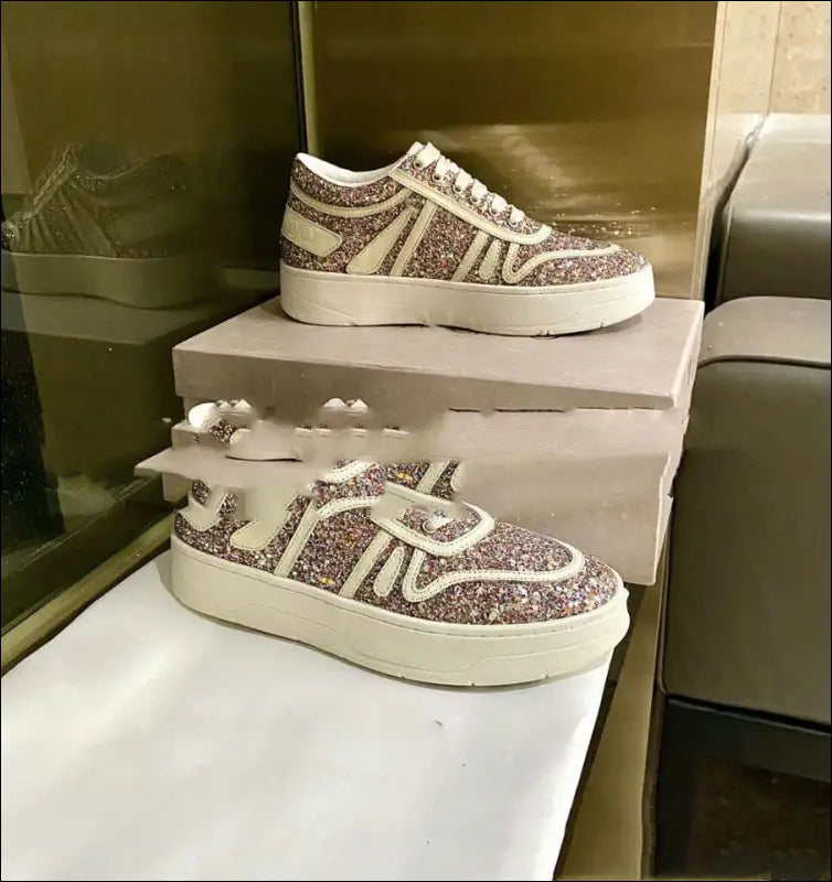 Pearl Sequin Lace-up Sports Casual Shoes Platform Casual White Shoes - Update Avenue 