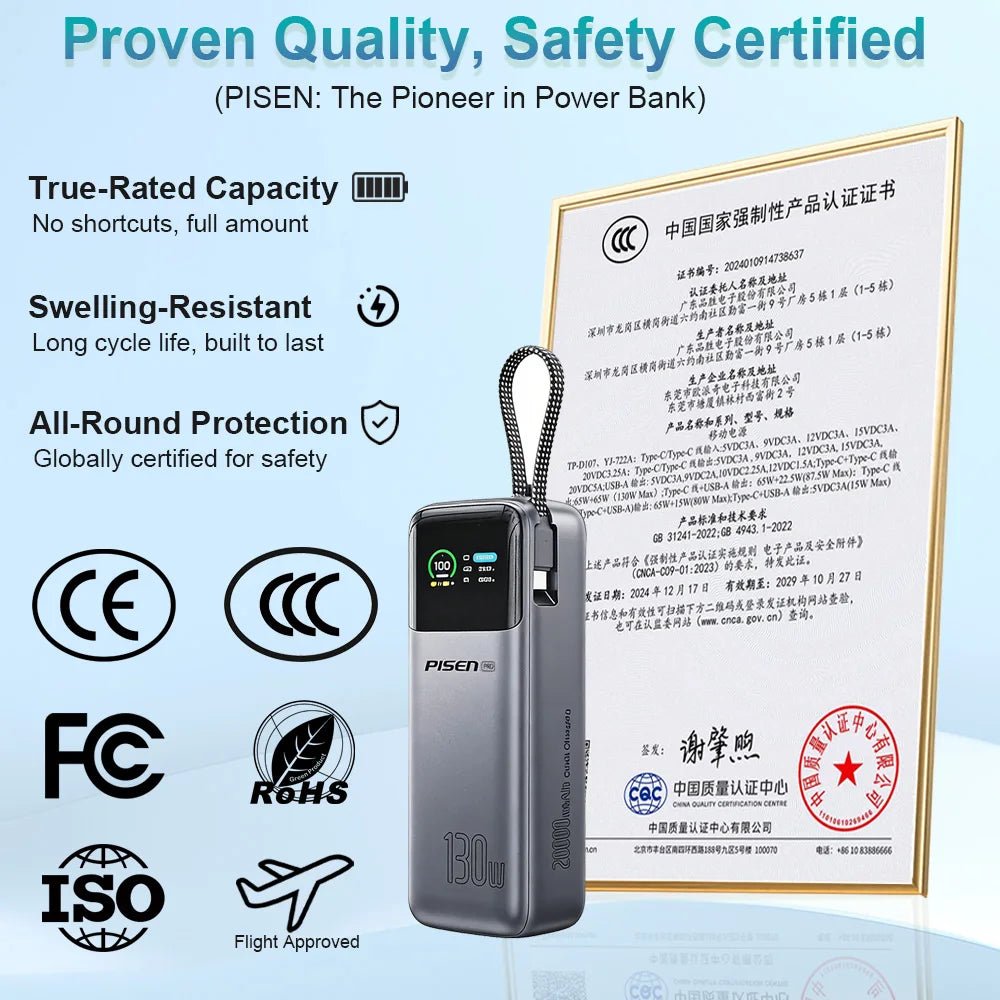 PISEN 130W Tablets Super Fast Charging Power Bank 20000mAh With Type C Cable External Battery for Laptop Notebook IPhone Macbook black PISEN 130W Tablets Super Fast Charging Power Bank 20000mAh With Type C Cable External Battery for Laptop Notebook IPhone Macbook - shop_name