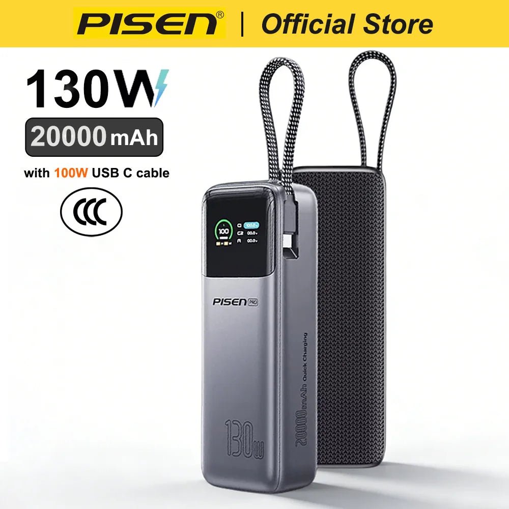 PISEN 130W Tablets Super Fast Charging Power Bank 20000mAh With Type C Cable External Battery for Laptop Notebook IPhone Macbook black PISEN 130W Tablets Super Fast Charging Power Bank 20000mAh With Type C Cable External Battery for Laptop Notebook IPhone Macbook - shop_name