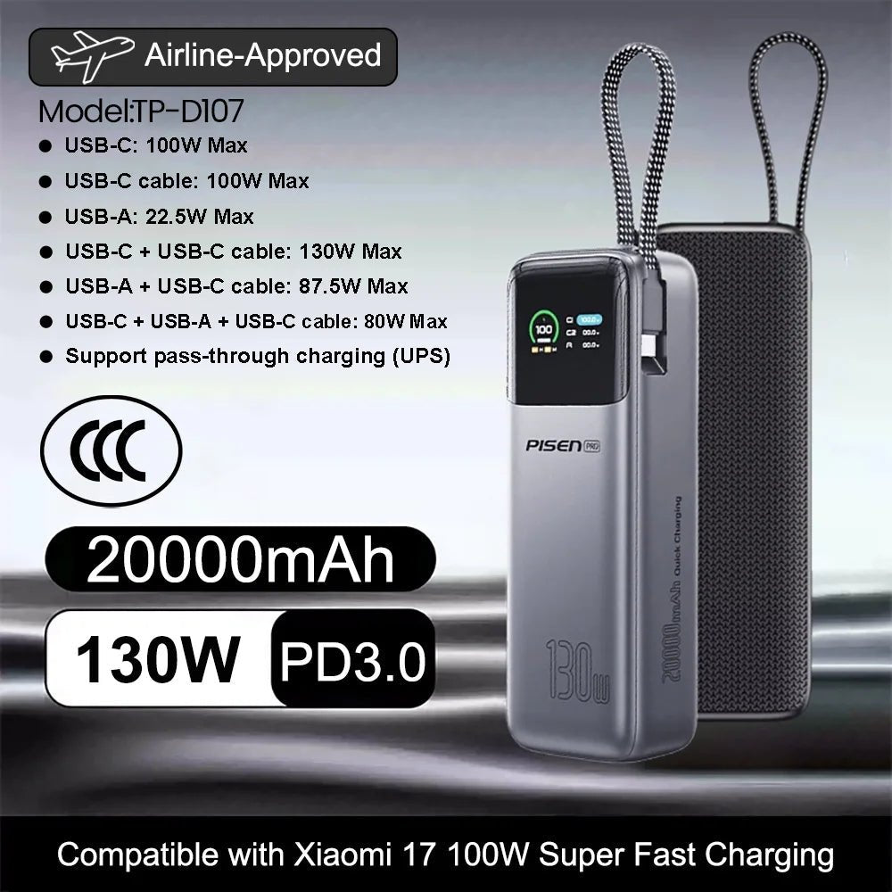 PISEN 240W Power Bank With Fast Charging Cable 27000mAh Portable PD3.1 CCC Powerbank for Laptop Notebook iPhone External Battery 130W 20000mAh Grey PISEN 240W Power Bank With Fast Charging Cable 27000mAh Portable PD3.1 CCC Powerbank for Laptop Notebook iPhone External Battery - shop_name