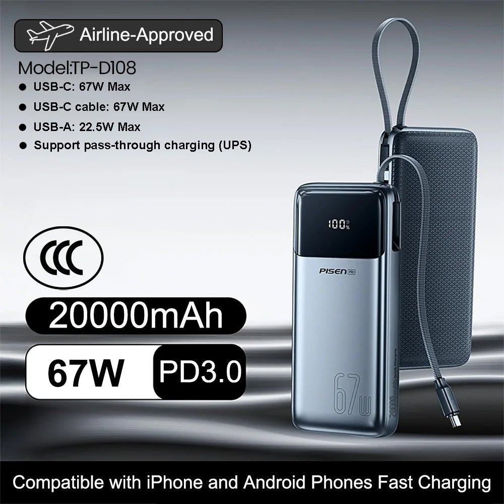 PISEN 240W Power Bank With Fast Charging Cable 27000mAh Portable PD3.1 CCC Powerbank for Laptop Notebook iPhone External Battery 67W 20000mAh Grey PISEN 240W Power Bank With Fast Charging Cable 27000mAh Portable PD3.1 CCC Powerbank for Laptop Notebook iPhone External Battery - shop_name