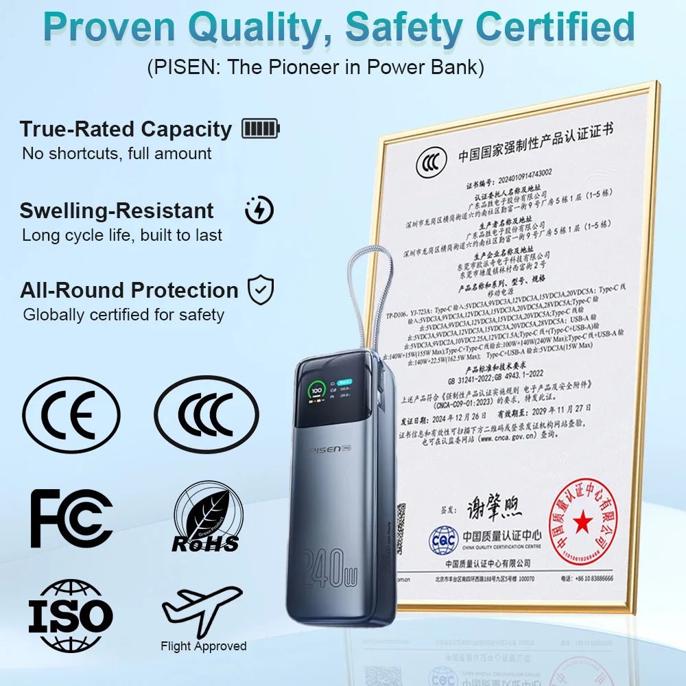 PISEN 240W Power Bank With Fast Charging Cable 27000mAh Portable PD3.1 CCC Powerbank for Laptop Notebook iPhone External Battery 67W 20000mAh Grey PISEN 240W Power Bank With Fast Charging Cable 27000mAh Portable PD3.1 CCC Powerbank for Laptop Notebook iPhone External Battery - shop_name