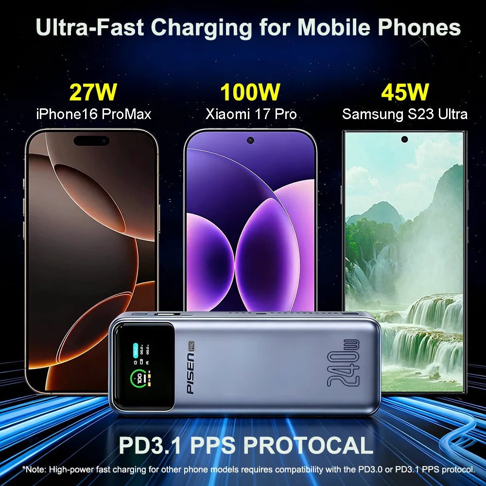 PISEN 240W Power Bank With Fast Charging Cable 27000mAh Portable PD3.1 CCC Powerbank for Laptop Notebook iPhone External Battery 67W 20000mAh Grey PISEN 240W Power Bank With Fast Charging Cable 27000mAh Portable PD3.1 CCC Powerbank for Laptop Notebook iPhone External Battery - shop_name