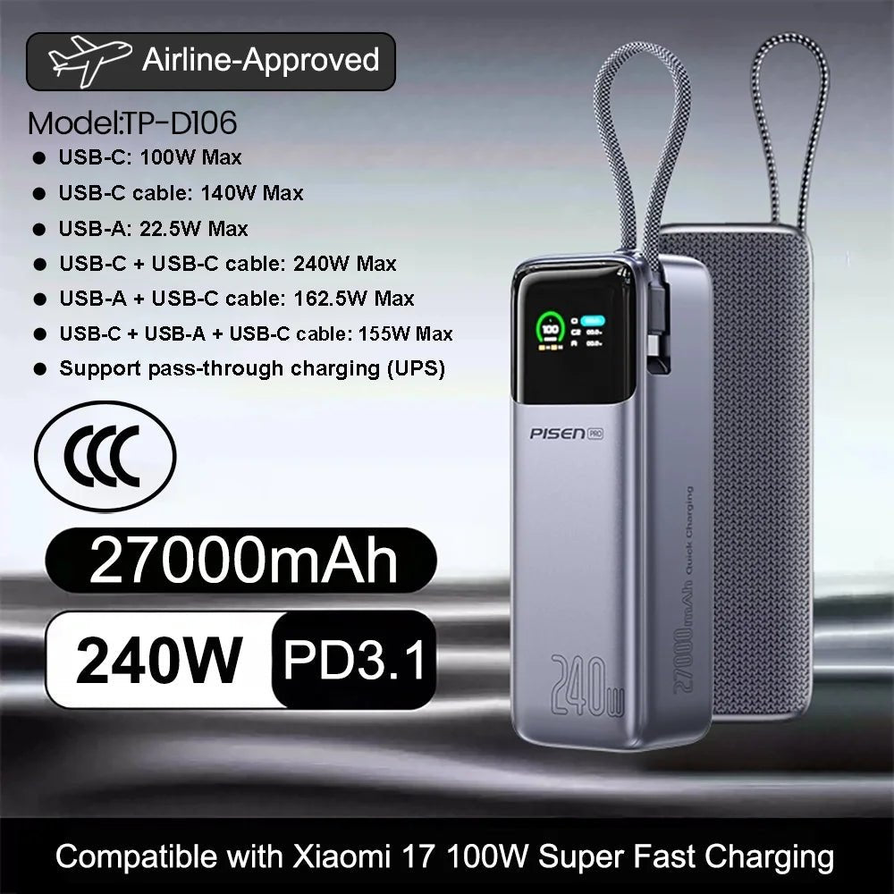 PISEN 240W Power Bank With Fast Charging Cable 27000mAh Portable PD3.1 CCC Powerbank for Laptop Notebook iPhone External Battery 240W 27000mAh Grey PISEN 240W Power Bank With Fast Charging Cable 27000mAh Portable PD3.1 CCC Powerbank for Laptop Notebook iPhone External Battery - shop_name