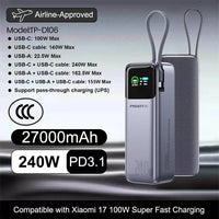 PISEN 240W Power Bank With Fast Charging Cable 27000mAh Portable PD3.1 CCC Powerbank for Laptop Notebook iPhone External Battery 240W 27000mAh Grey PISEN 240W Power Bank With Fast Charging Cable 27000mAh Portable PD3.1 CCC Powerbank for Laptop Notebook iPhone External Battery - shop_name