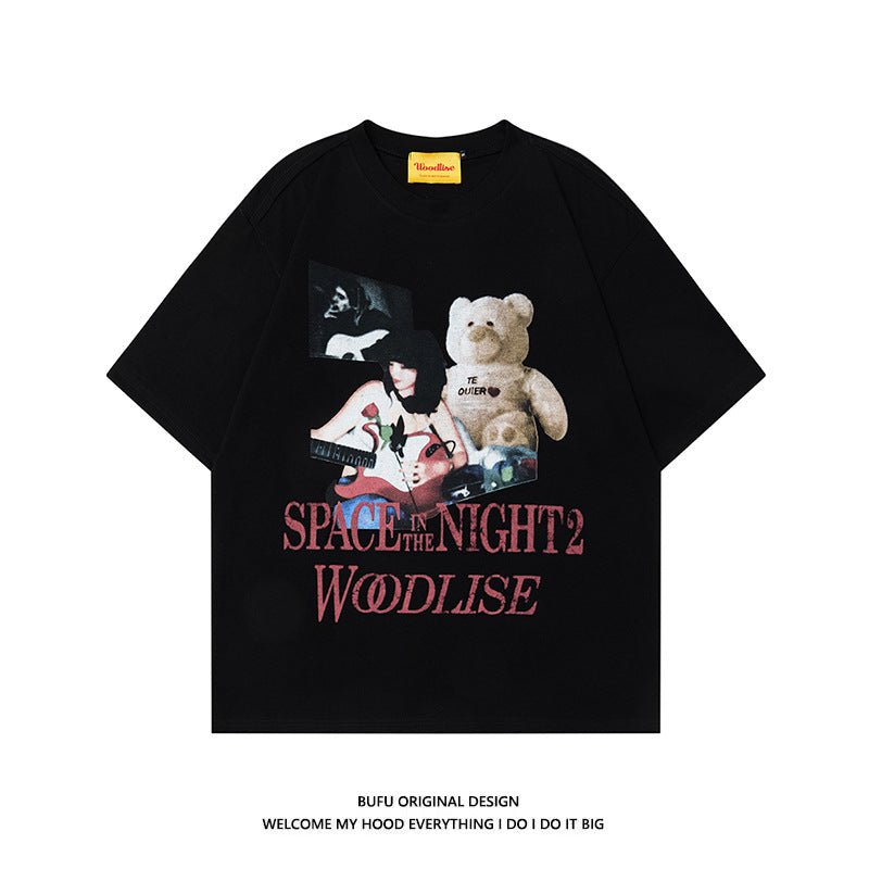 Retro Bear Printed Short - sleeved T-shirt New Loose Casual Black Retro Bear Printed Short - sleeved T-shirt New Loose Casual - shop_name