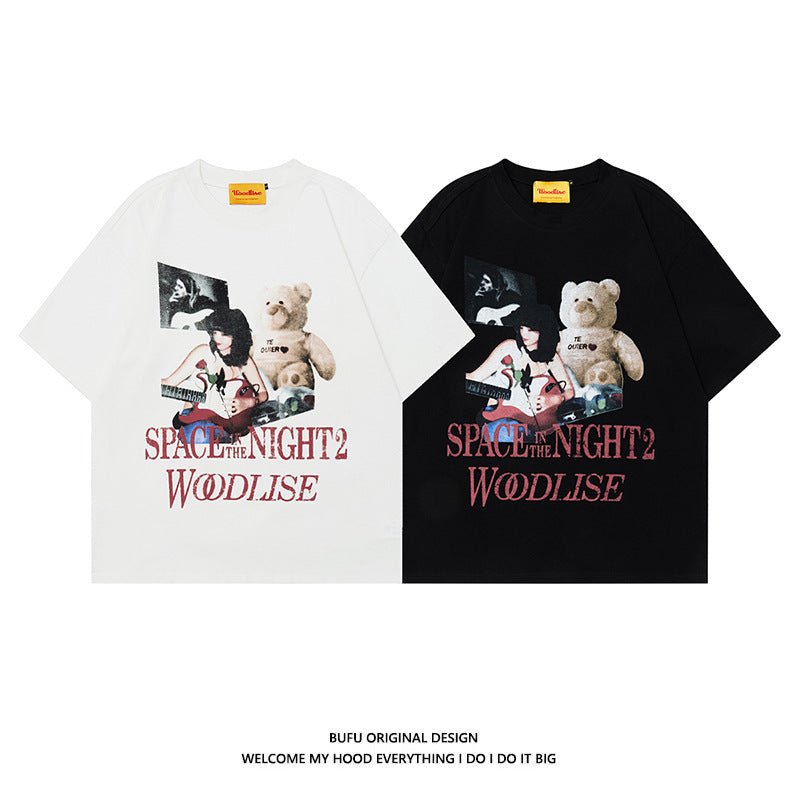 Retro Bear Printed Short - sleeved T-shirt New Loose Casual Black Retro Bear Printed Short - sleeved T-shirt New Loose Casual - shop_name