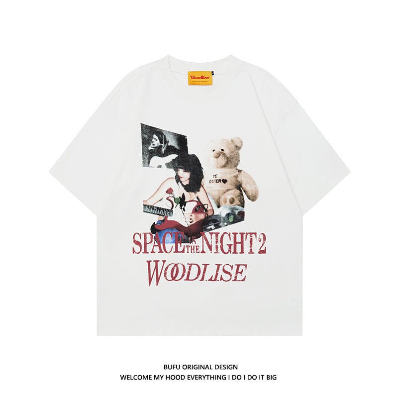 Retro Bear Printed Short - sleeved T-shirt New Loose Casual White Retro Bear Printed Short - sleeved T-shirt New Loose Casual - shop_name