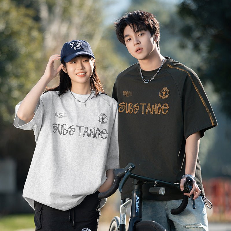 Retro Contrast Color Hand Painted Letter Print Short - sleeve White And Gray Retro Contrast Color Hand Painted Letter Print Short - sleeve - shop_name