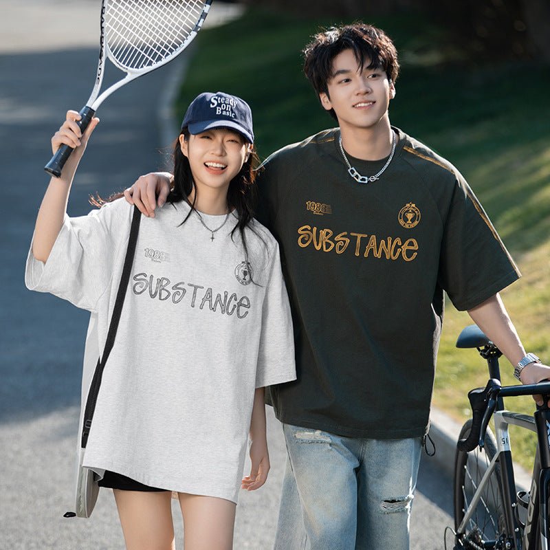 Retro Contrast Color Hand Painted Letter Print Short - sleeve White And Gray Retro Contrast Color Hand Painted Letter Print Short - sleeve - shop_name