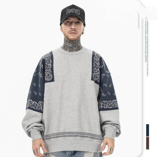 Retro Paisley Stitching Fleece-lined Crew Neck Sweater - Update Avenue 