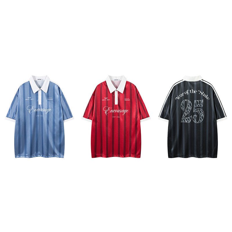 Retro Sports Digital Striped Polo Shirt Loose Lapels Short Sleeve T-shirt Red Retro Sports Digital Striped Polo Shirt Loose Lapels Short Sleeve T-shirt - shop_name