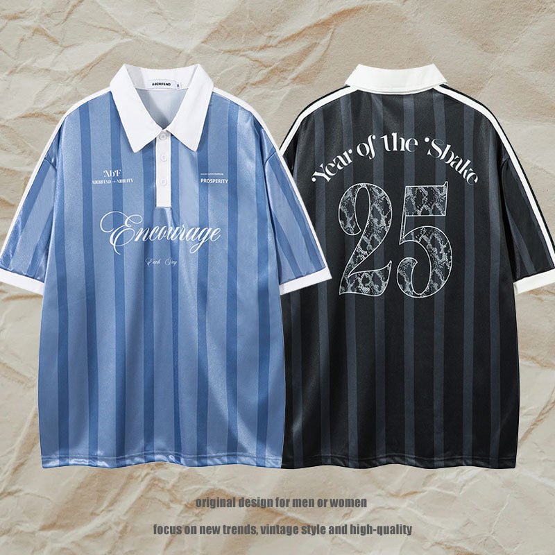 Retro Sports Digital Striped Polo Shirt Loose Lapels Short Sleeve T-shirt Red Retro Sports Digital Striped Polo Shirt Loose Lapels Short Sleeve T-shirt - shop_name
