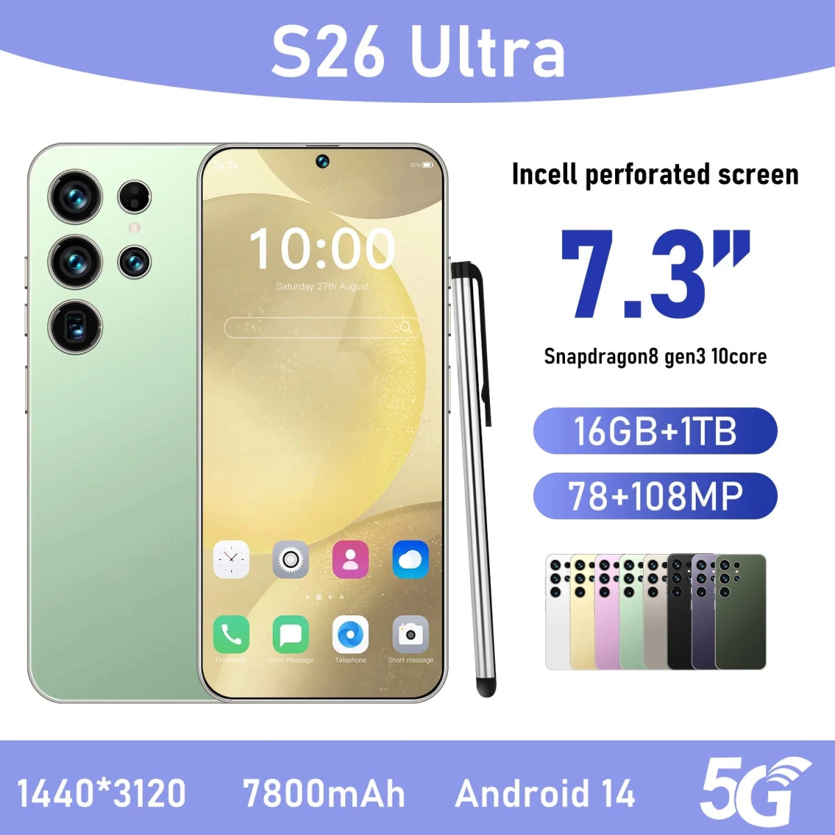 S26Ultra Smart Phone 5G Dual Core CPU 128GB ROM Dual SIM 2K Resolution Screen 16GB RAM English Operating CDMA LTE Mobile Phones Green S26Ultra Smart Phone 5G Dual Core CPU 128GB ROM Dual SIM 2K Resolution Screen 16GB RAM English Operating CDMA LTE Mobile Phones - shop_name