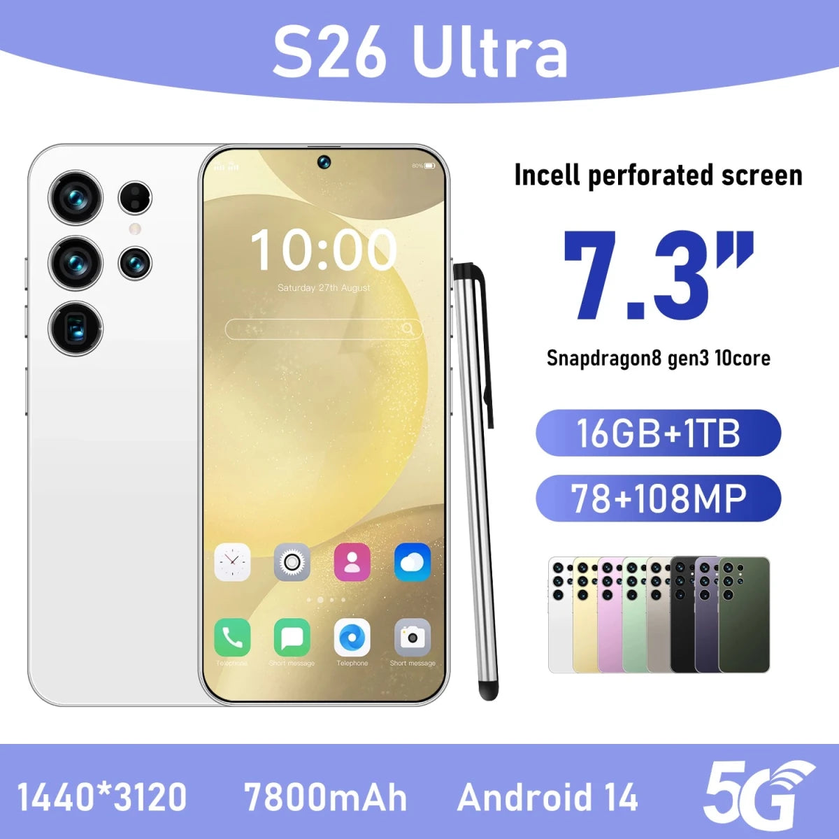 S26Ultra Smart Phone 5G Dual Core CPU 128GB ROM Dual SIM 2K Resolution Screen 16GB RAM English Operating CDMA LTE Mobile Phones White S26Ultra Smart Phone 5G Dual Core CPU 128GB ROM Dual SIM 2K Resolution Screen 16GB RAM English Operating CDMA LTE Mobile Phones - shop_name