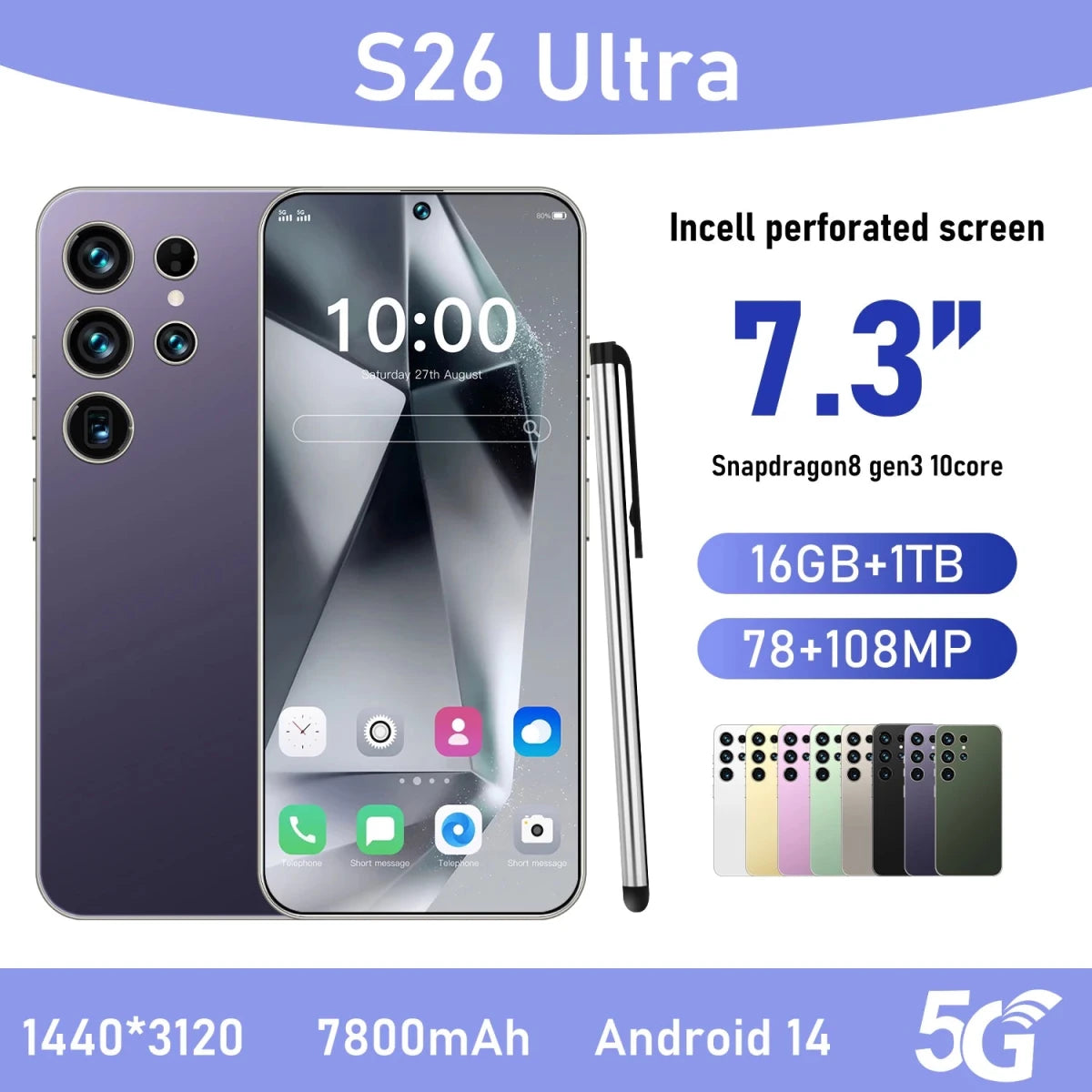 S26Ultra Smart Phone 5G Dual Core CPU 128GB ROM Dual SIM 2K Resolution Screen 16GB RAM English Operating CDMA LTE Mobile Phones Purple S26Ultra Smart Phone 5G Dual Core CPU 128GB ROM Dual SIM 2K Resolution Screen 16GB RAM English Operating CDMA LTE Mobile Phones - shop_name