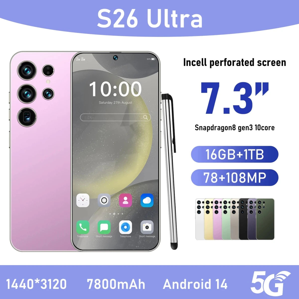 S26Ultra Smart Phone 5G Dual Core CPU 128GB ROM Dual SIM 2K Resolution Screen 16GB RAM English Operating CDMA LTE Mobile Phones Pink S26Ultra Smart Phone 5G Dual Core CPU 128GB ROM Dual SIM 2K Resolution Screen 16GB RAM English Operating CDMA LTE Mobile Phones - shop_name
