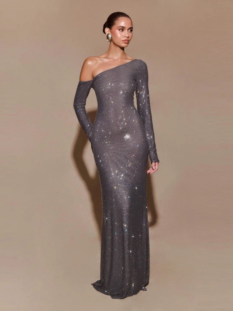 Sexy Diagonal Collar Sparkly Diamonds Long Dress Women Long Sleeves Shiny Rhinestones Slim Dresses Evening Party Cokctail Gowns GRAY Sexy Diagonal Collar Sparkly Diamonds Long Dress Women Long Sleeves Shiny Rhinestones Slim Dresses Evening Party Cokctail Gowns - shop_name