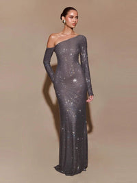 Sexy Diagonal Collar Sparkly Diamonds Long Dress Women Long Sleeves Shiny Rhinestones Slim Dresses Evening Party Cokctail Gowns GRAY Sexy Diagonal Collar Sparkly Diamonds Long Dress Women Long Sleeves Shiny Rhinestones Slim Dresses Evening Party Cokctail Gowns - shop_name