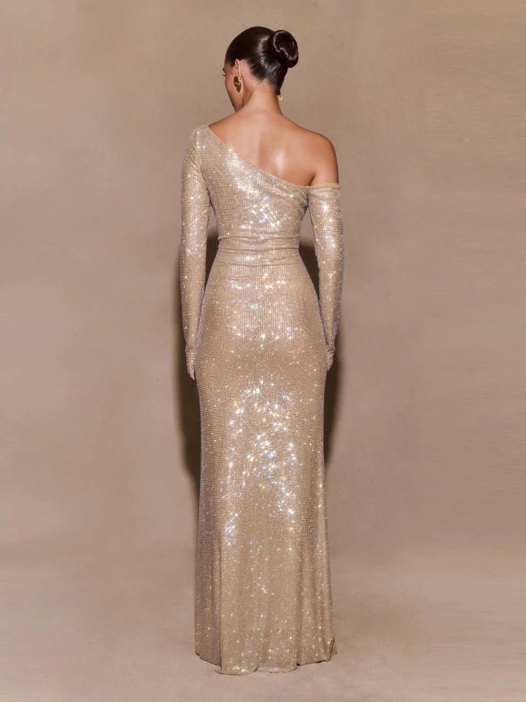 Sexy Diagonal Collar Sparkly Diamonds Long Dress Women Long Sleeves Shiny Rhinestones Slim Dresses Evening Party Cokctail Gowns GRAY Sexy Diagonal Collar Sparkly Diamonds Long Dress Women Long Sleeves Shiny Rhinestones Slim Dresses Evening Party Cokctail Gowns - shop_name