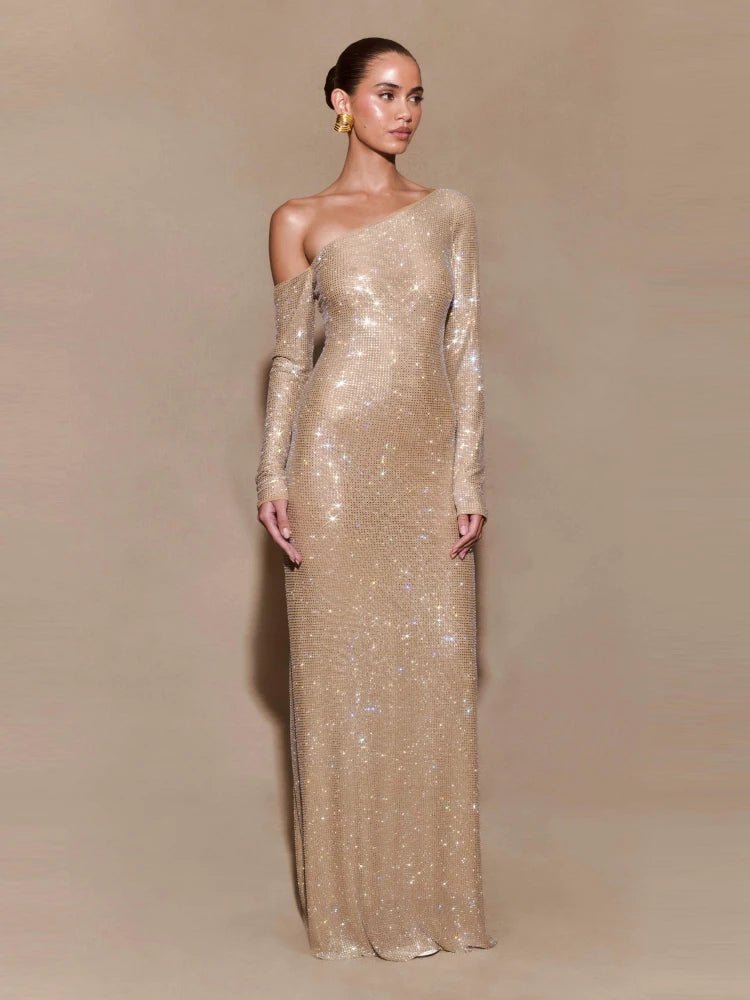 Sexy Diagonal Collar Sparkly Diamonds Long Dress Women Long Sleeves Shiny Rhinestones Slim Dresses Evening Party Cokctail Gowns GRAY Sexy Diagonal Collar Sparkly Diamonds Long Dress Women Long Sleeves Shiny Rhinestones Slim Dresses Evening Party Cokctail Gowns - shop_name