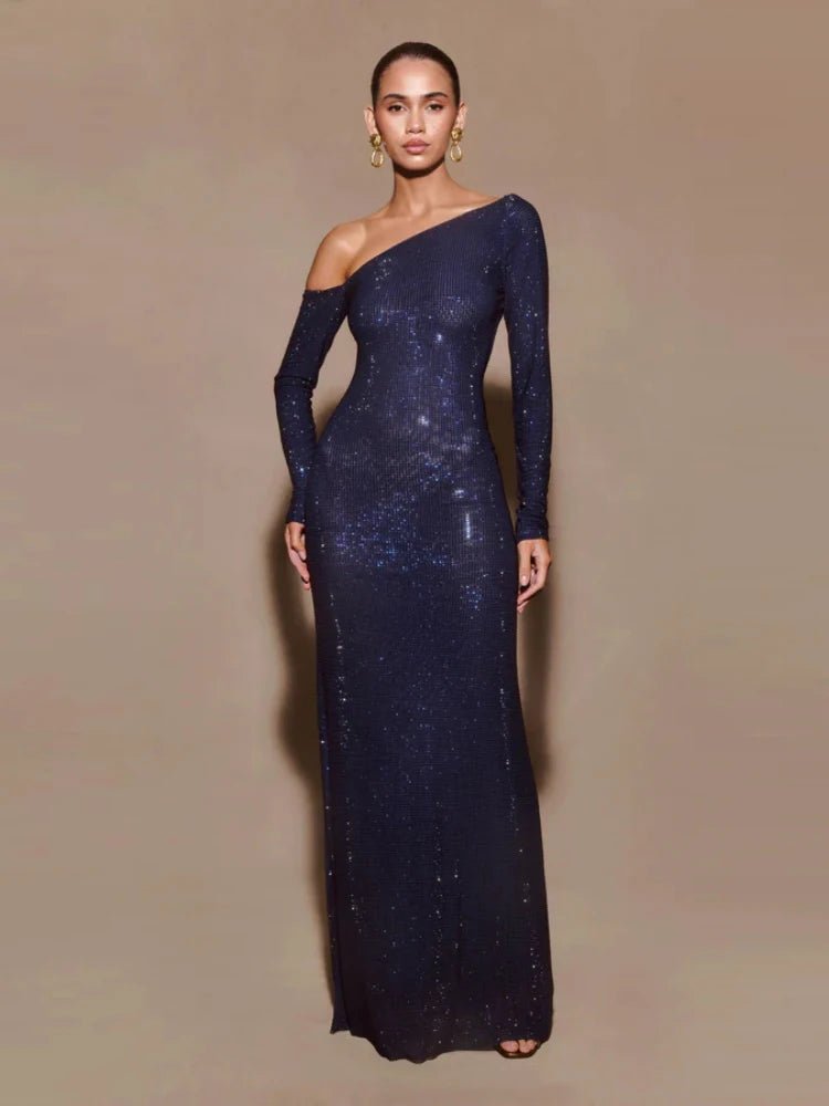 Sexy Diagonal Collar Sparkly Diamonds Long Dress Women Long Sleeves Shiny Rhinestones Slim Dresses Evening Party Cokctail Gowns Blue Sexy Diagonal Collar Sparkly Diamonds Long Dress Women Long Sleeves Shiny Rhinestones Slim Dresses Evening Party Cokctail Gowns - shop_name