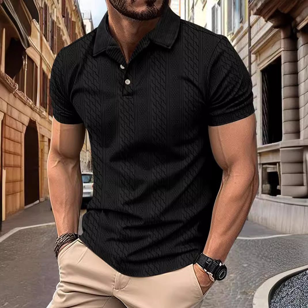 Simple Fashion Solid Color Polo Collar Men's Button Jacquard Short Sleeve Black Simple Fashion Solid Color Polo Collar Men's Button Jacquard Short Sleeve - shop_name