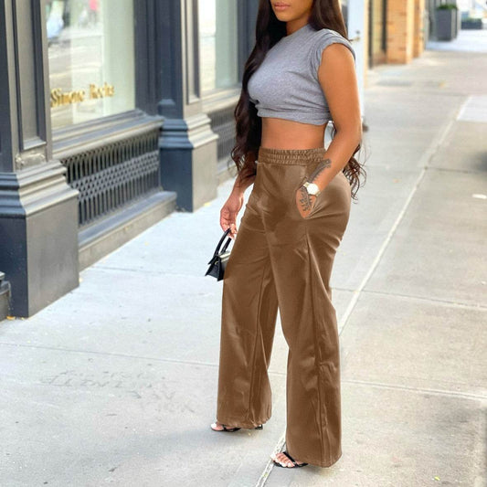 Solid Color Loose Wide Leg Pocket PU Leather Pants - Update Avenue 