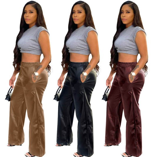 Solid Color Loose Wide Leg Pocket PU Leather Pants - Update Avenue 