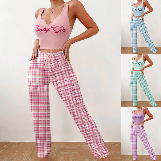 Spring Summer Women's Casual Pajamas Home Wear Vest Color Matching Plaid Trousers Letter Print Top Ladies 2 Pcs Home Clothes Sleepwear - Update Avenue 
