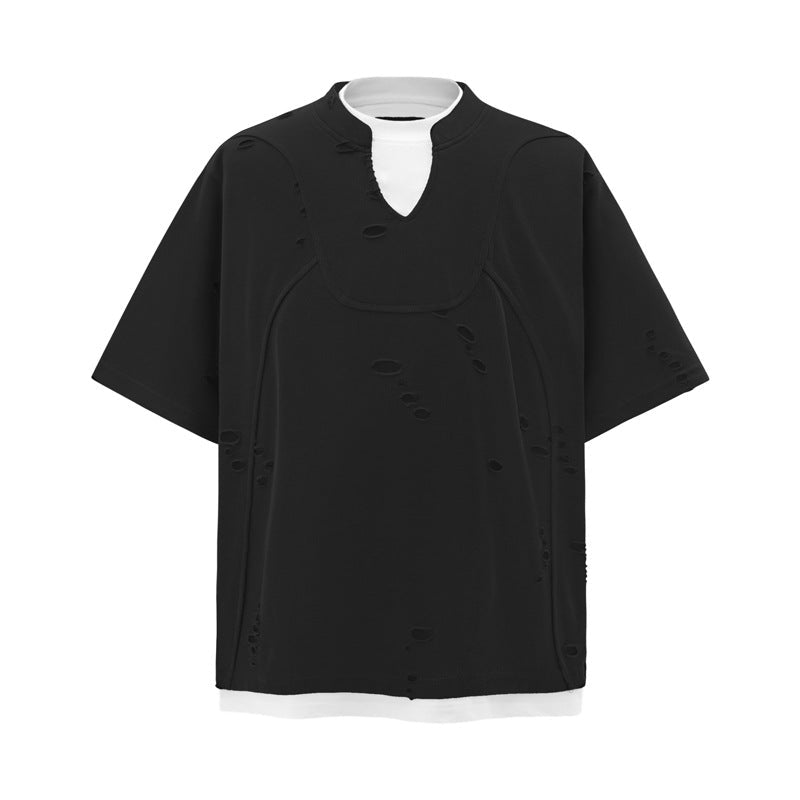 Stitching Fake Two Pieces Short Sleeve Men's Ripped T-shirt Black Stitching Fake Two Pieces Short Sleeve Men's Ripped T-shirt - shop_name
