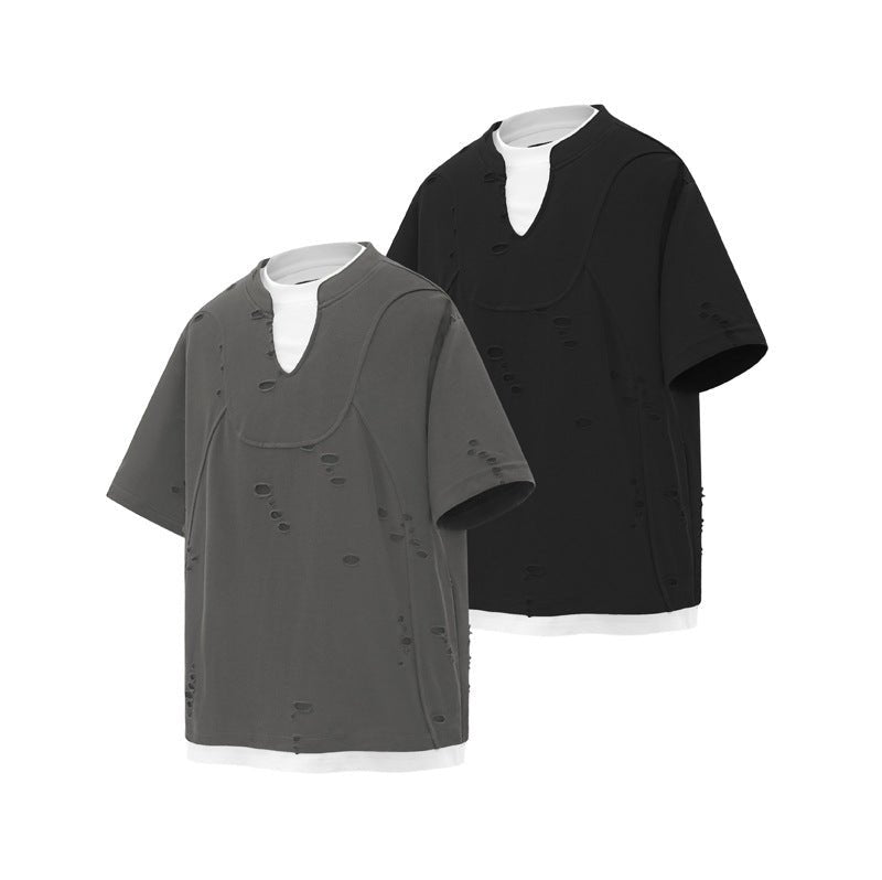 Stitching Fake Two Pieces Short Sleeve Men's Ripped T-shirt Black Stitching Fake Two Pieces Short Sleeve Men's Ripped T-shirt - shop_name