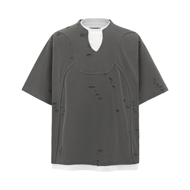 Stitching Fake Two Pieces Short Sleeve Men's Ripped T-shirt Gray Stitching Fake Two Pieces Short Sleeve Men's Ripped T-shirt - shop_name