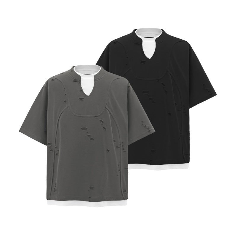 Stitching Fake Two Pieces Short Sleeve Men's Ripped T-shirt Black Stitching Fake Two Pieces Short Sleeve Men's Ripped T-shirt - shop_name